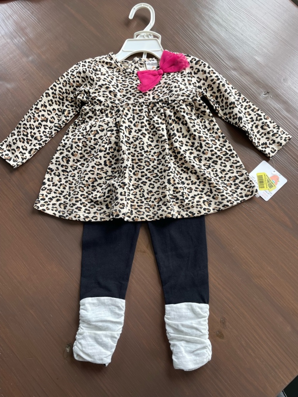 NWT Starting Out Leopard Print Pink Mesh Bow Longsleeve Tee w/ Leggings Set 12M
